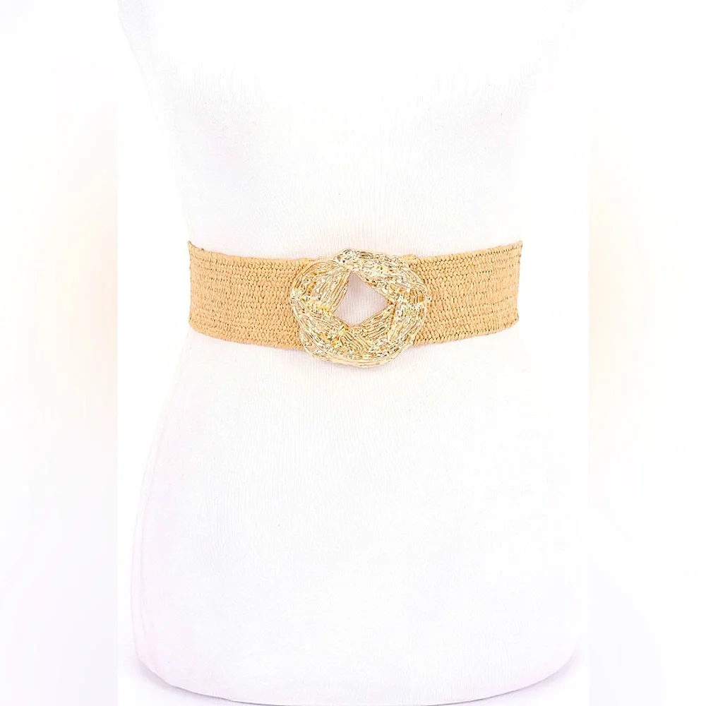 Gold & Tan Woven Straw Statement Belt